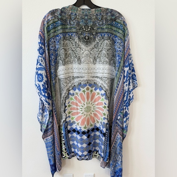 Camilla Blue White multicolor bejeweled Rainbow warrior Kaftan mini dress OS NWT - Picture 9 of 15